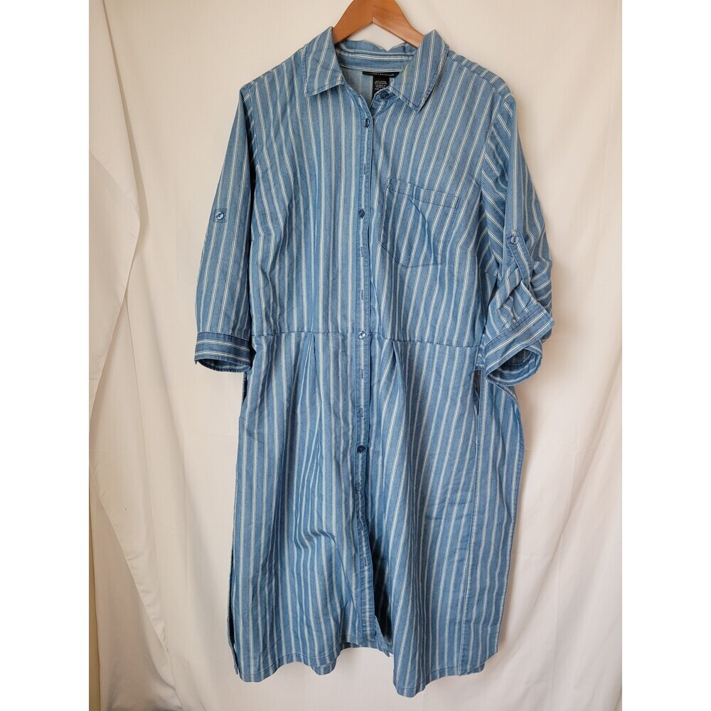 Ashley Stewart Women's Blue‎ & White Striped Button Front Shirt Dress Size 16